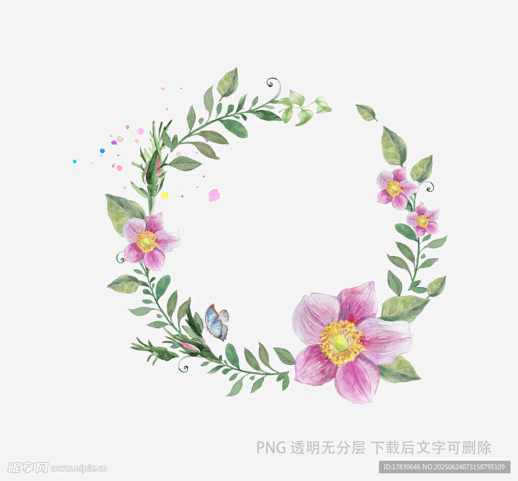 手绘花卉绿叶花环图案