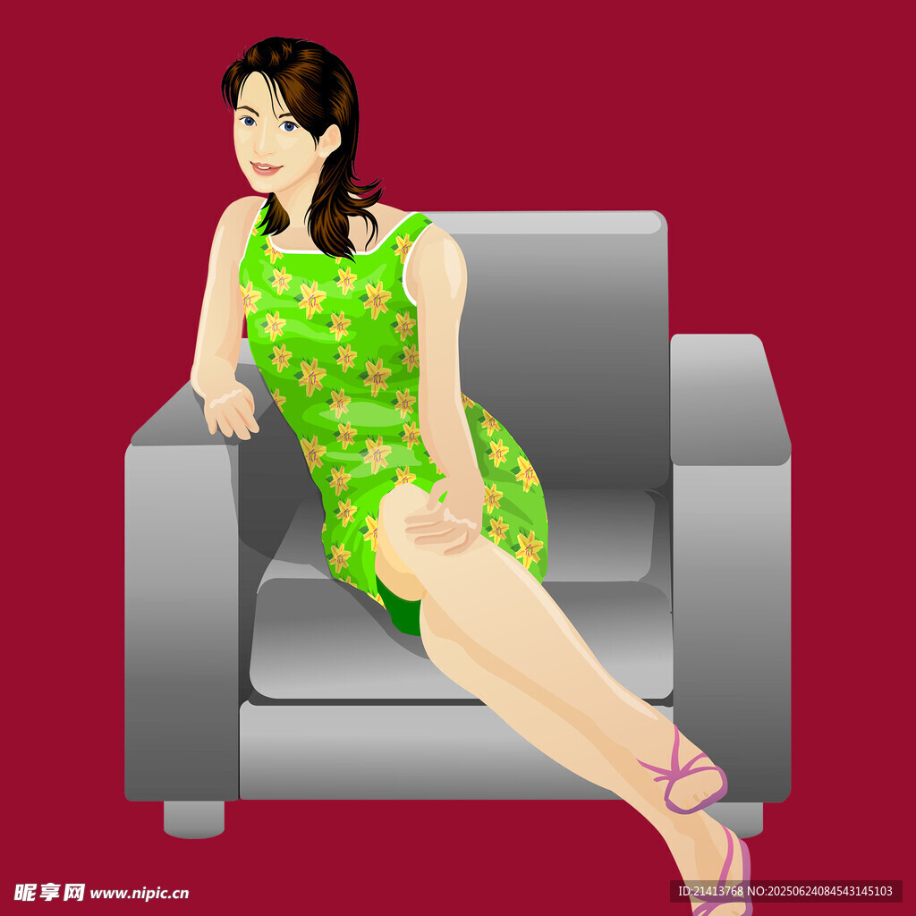 绿裙女子优雅坐于沙发