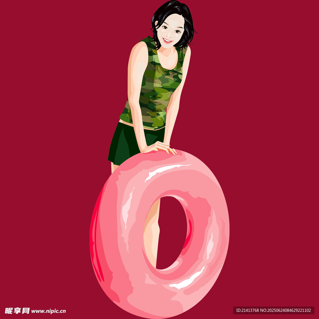 女子倚靠粉色游泳圈