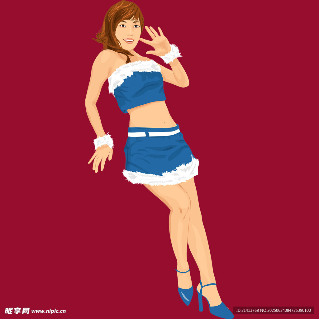 蓝裙时尚女孩优雅姿态