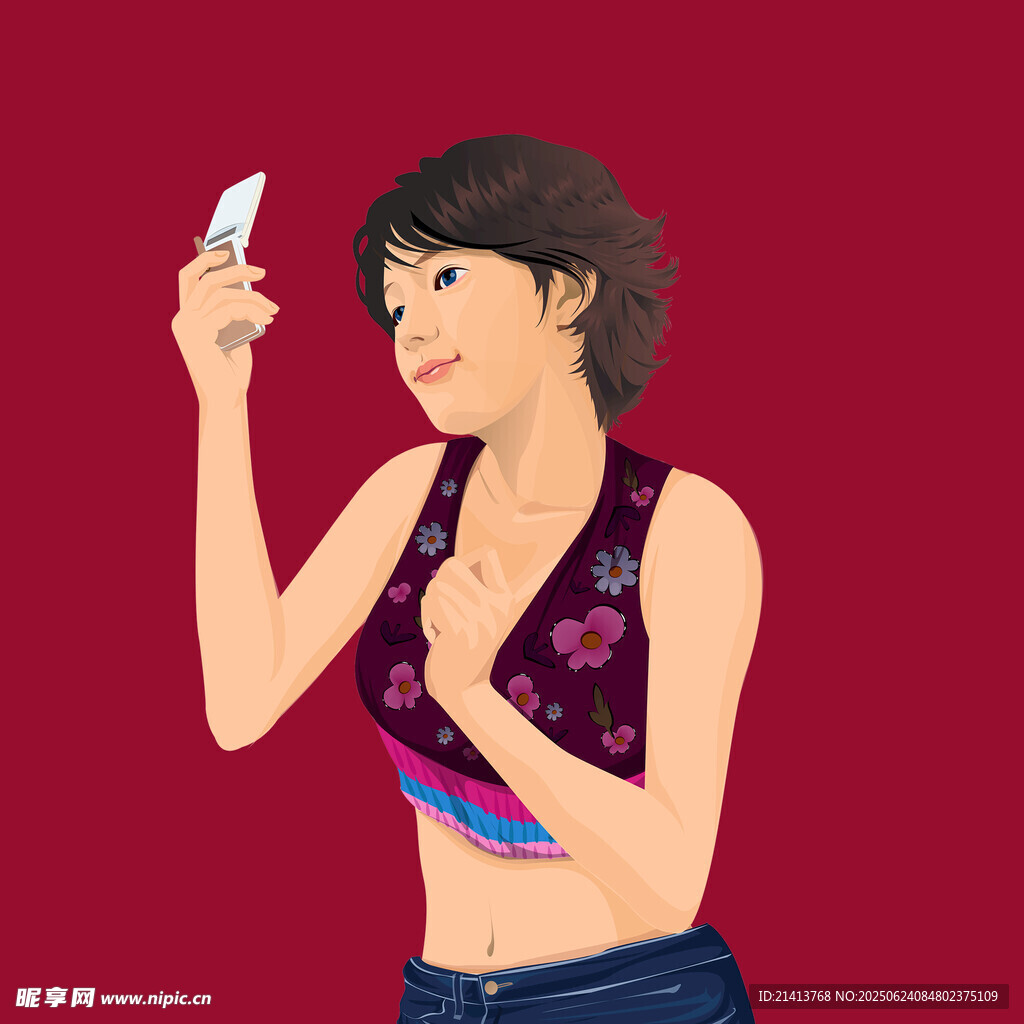 女孩手持手机开心自拍