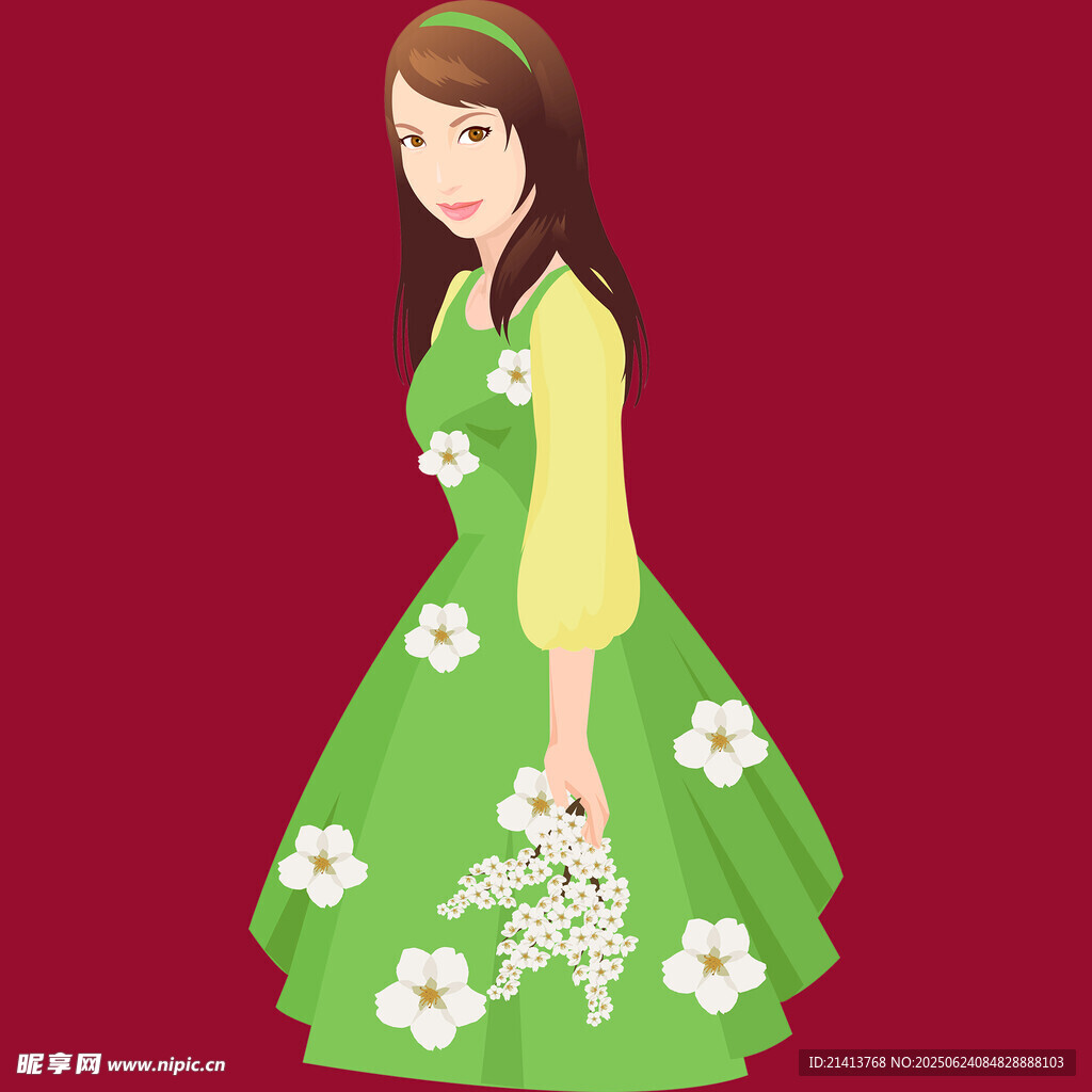 穿绿花裙的优雅女孩