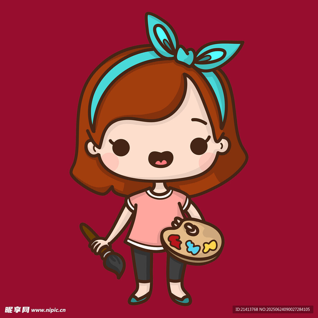 可爱女孩手持画笔与调色盘