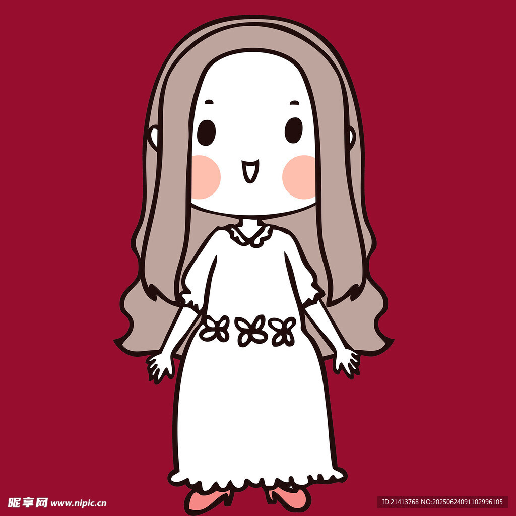 卡通长发女孩穿白裙