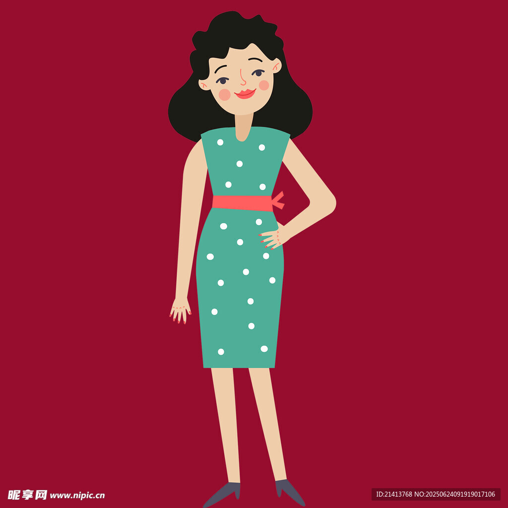 复古风绿裙女子优雅姿态