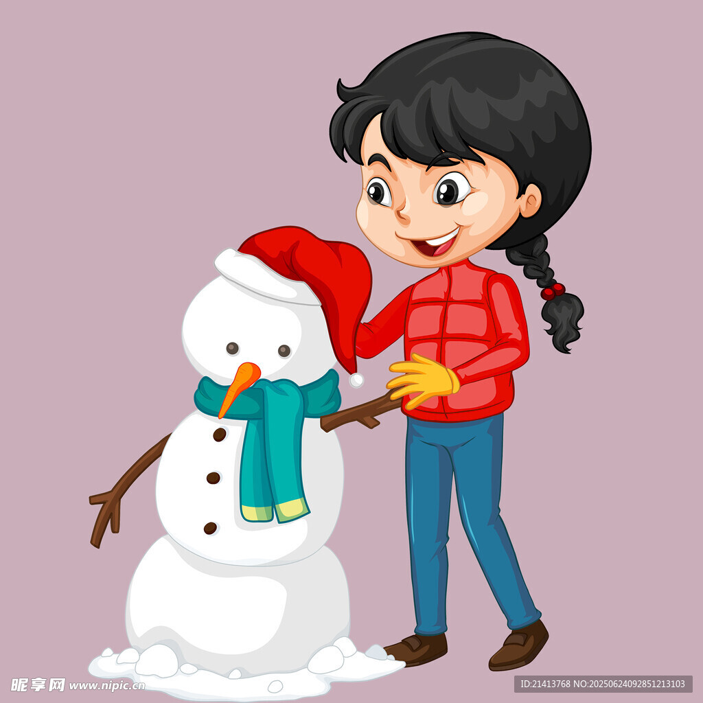 女孩开心堆雪人