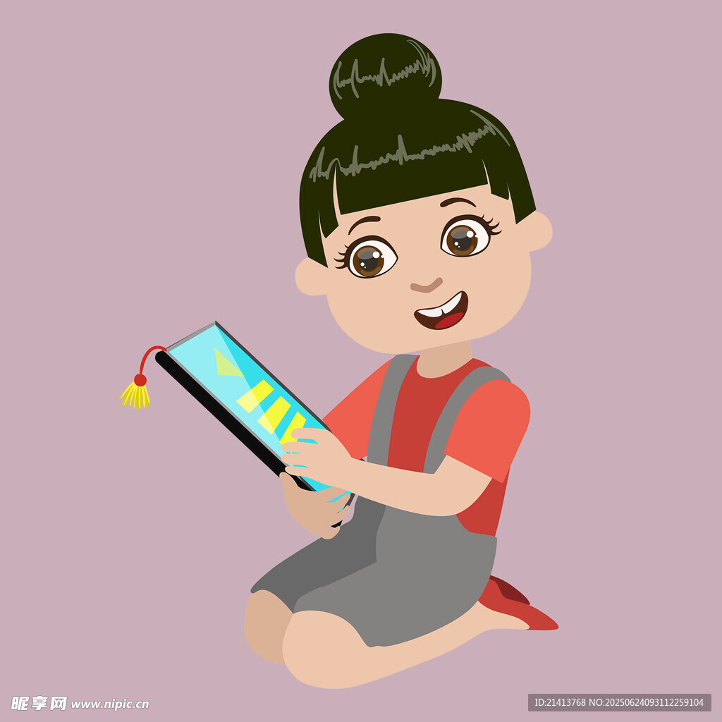 小女孩开心玩平板