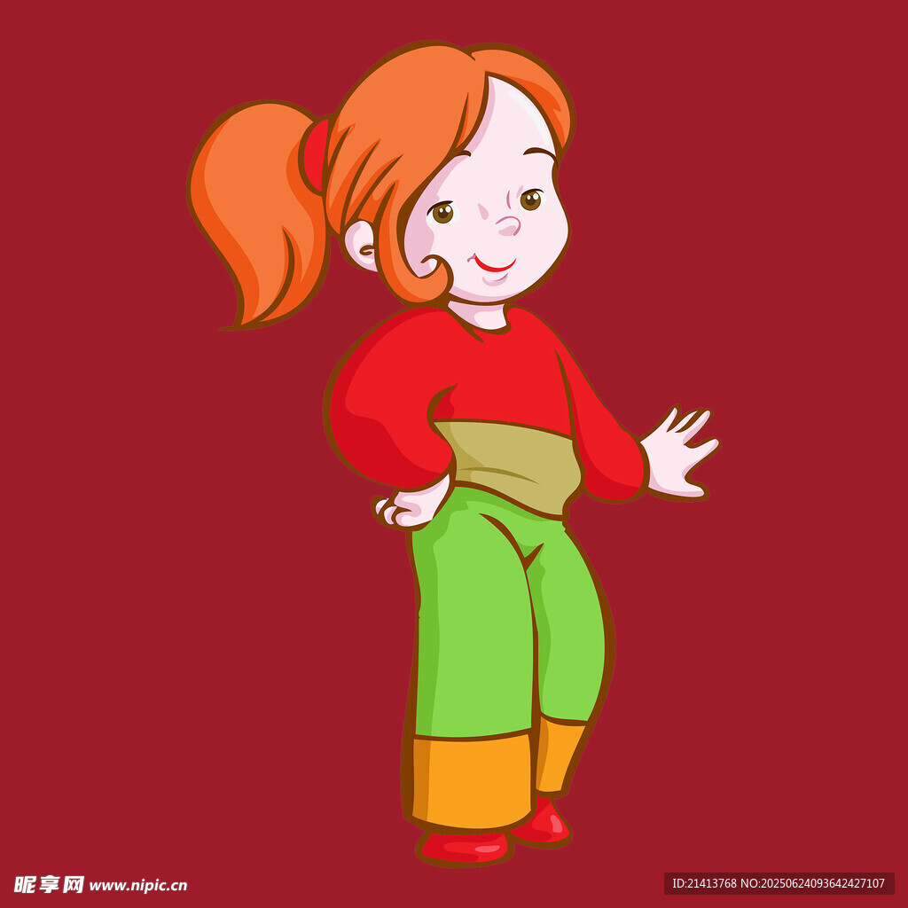红衣绿裤的俏皮女孩