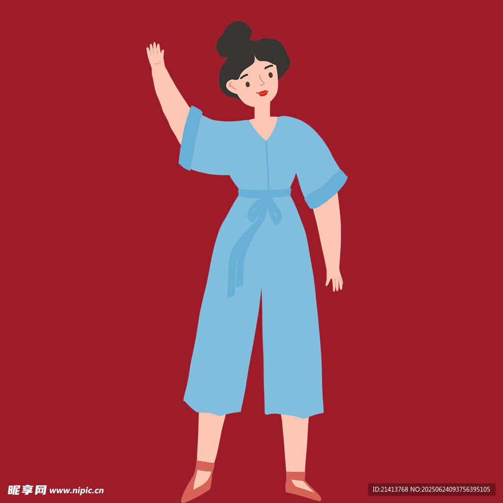 红衣背景下的蓝色连体衣女子