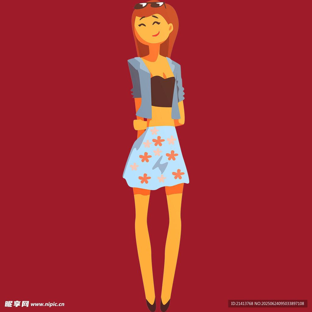 红发女子身着蓝裙的插画