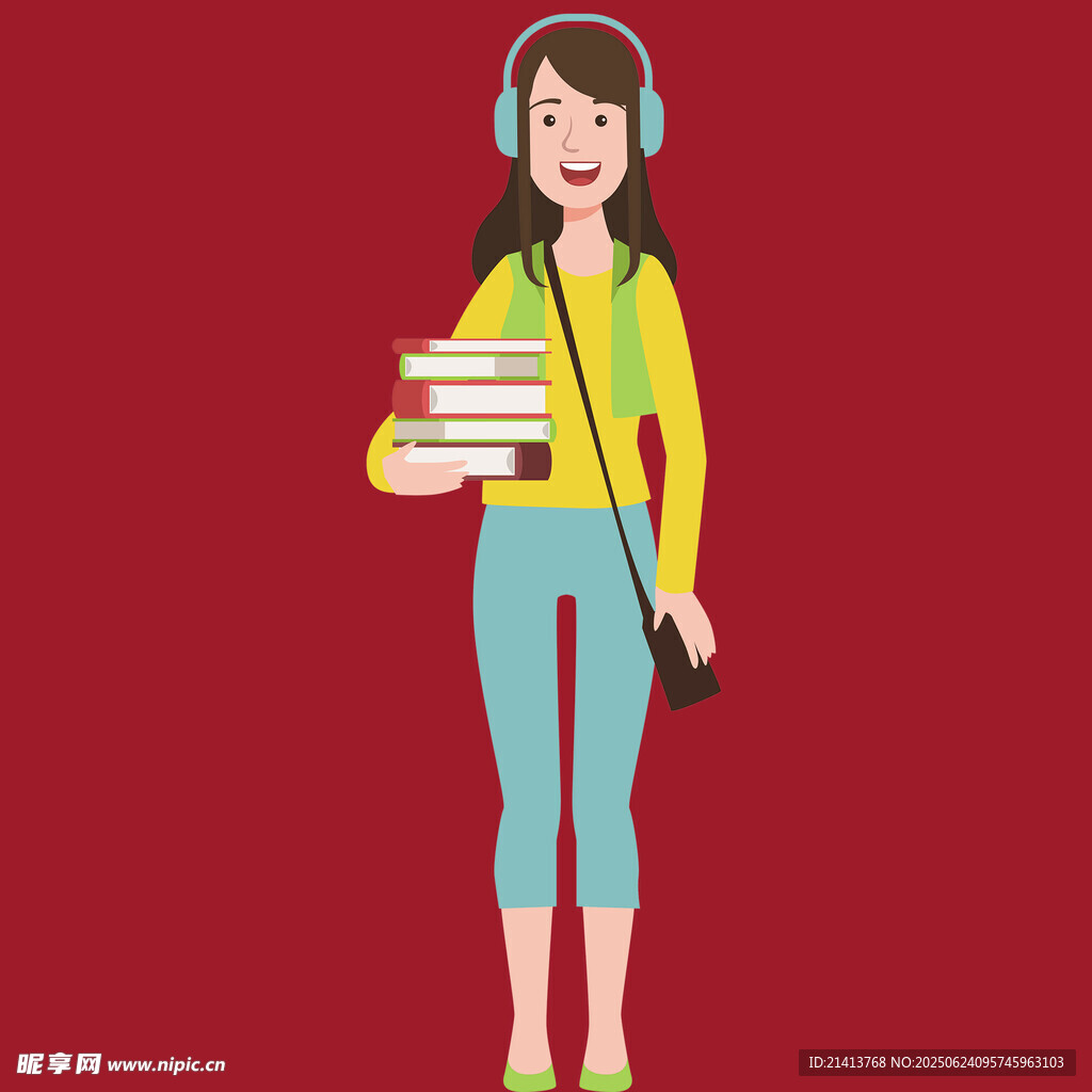 戴耳机捧书的活力女孩