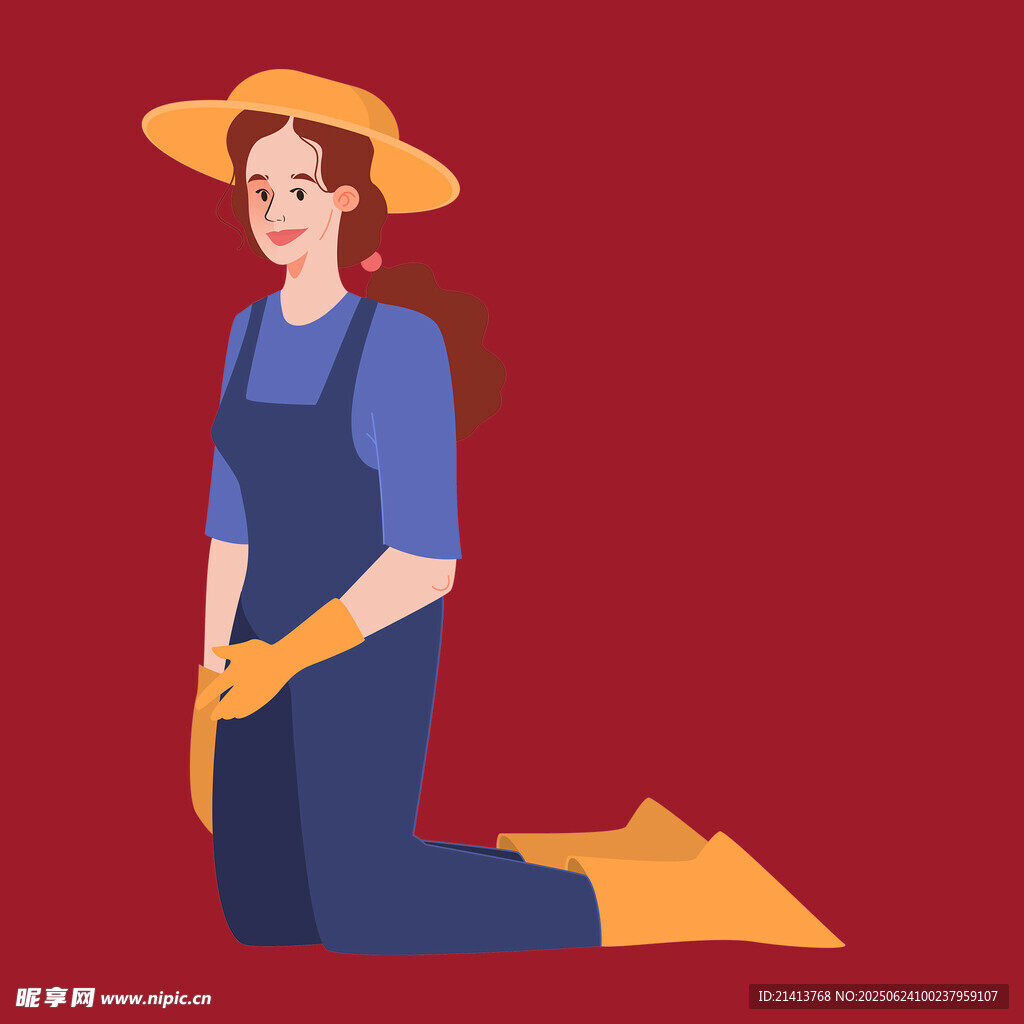 跪地劳作的田园女性