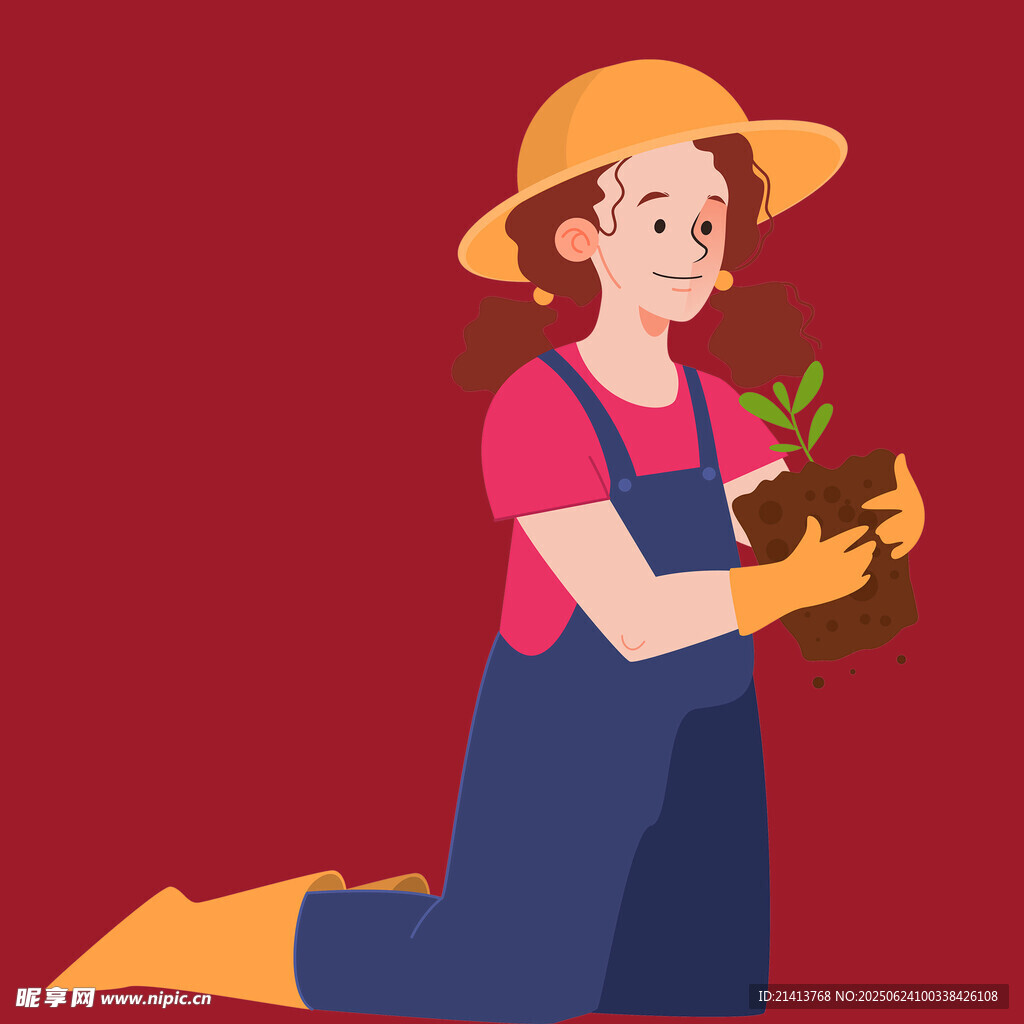 跪地种花的女性