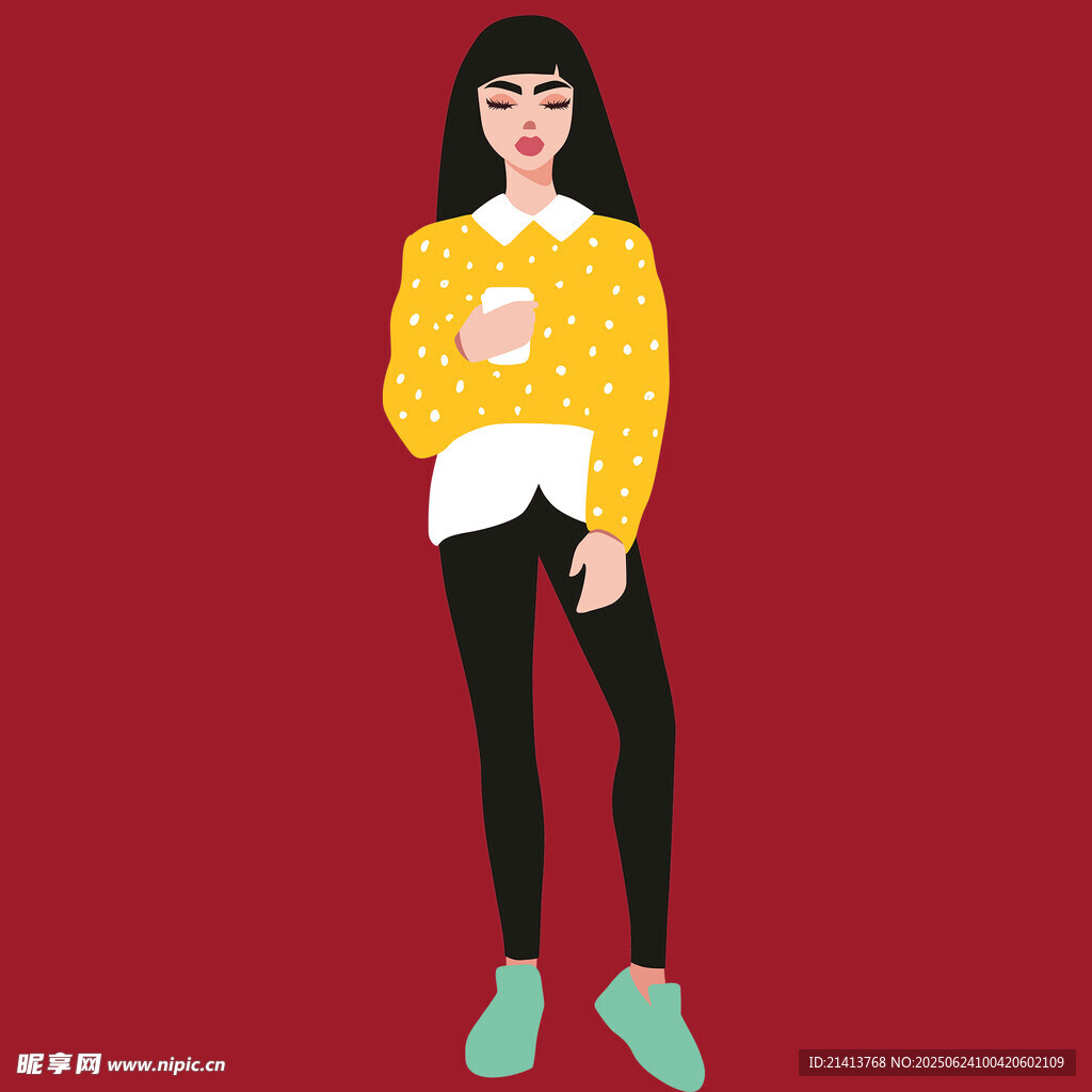穿黄毛衣的时尚女孩
