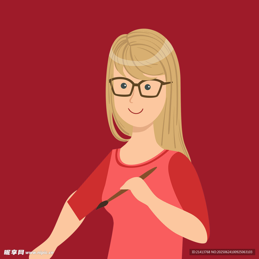 戴眼镜的红衣女士持画笔