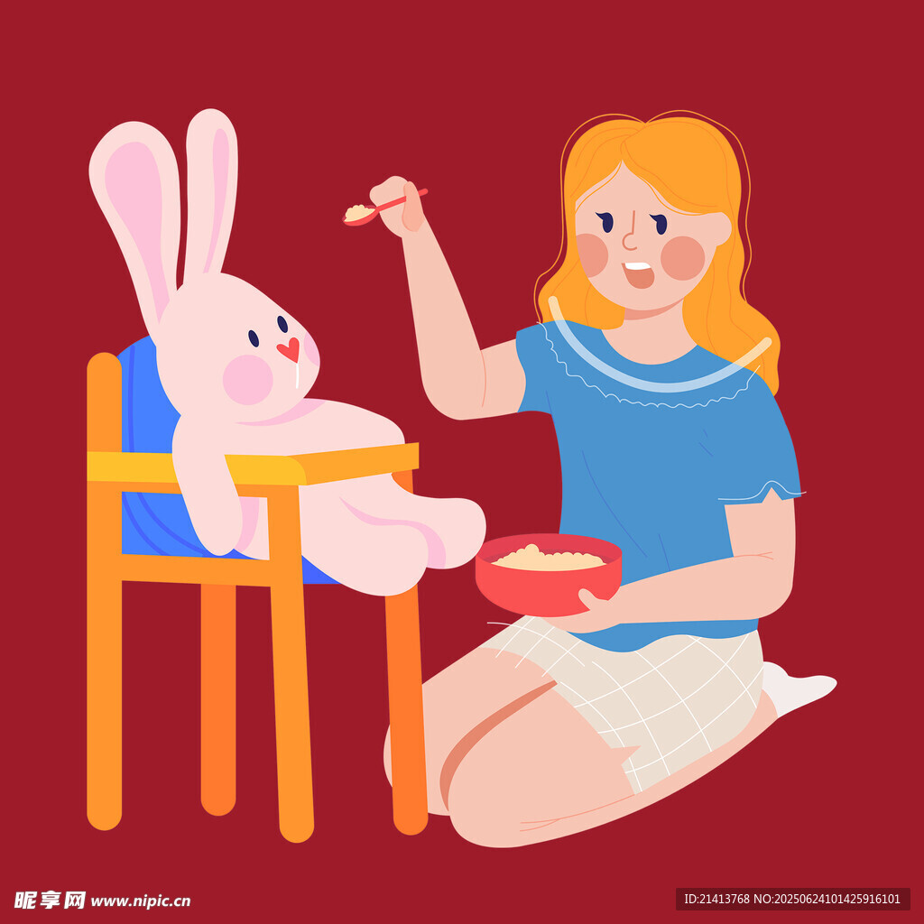 女孩喂兔子吃饭的温馨场景