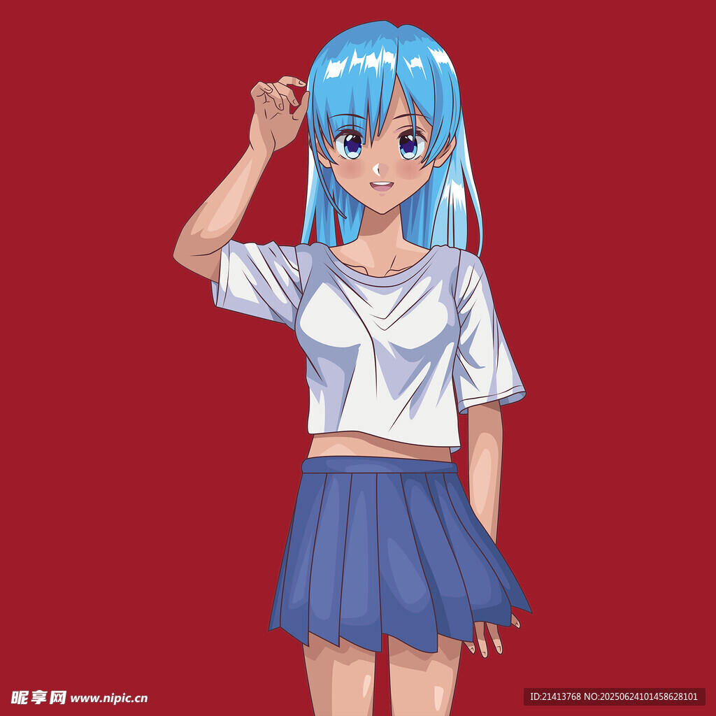 蓝发少女俏皮挥手