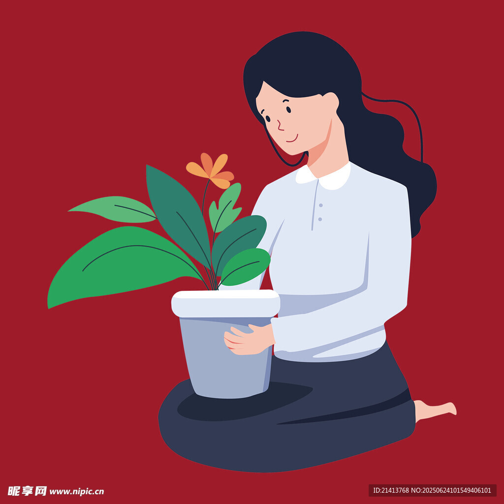 女子专注呵护盆栽植物