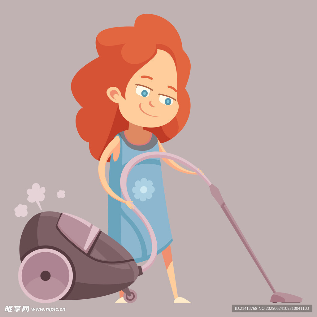 红发女孩使用吸尘器清洁