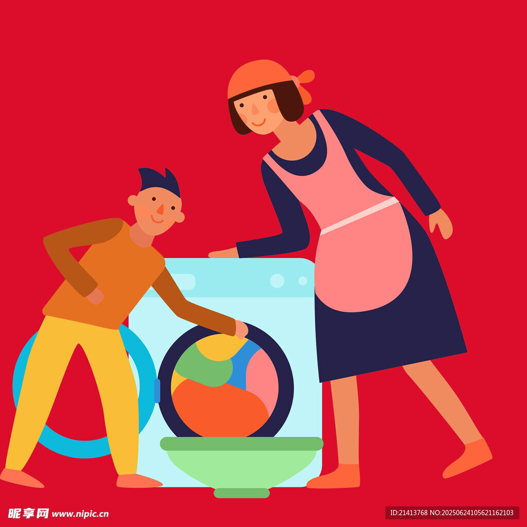 母子共洗衣