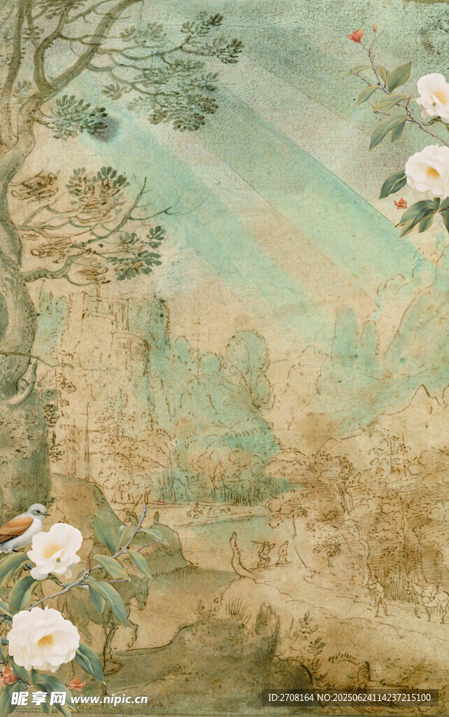 中式古典花卉风景壁画