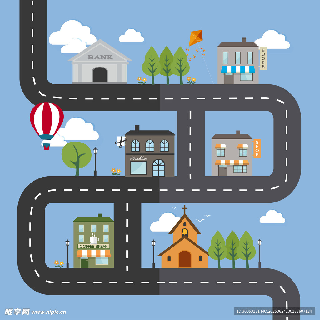 卡通风格城市道路景观图