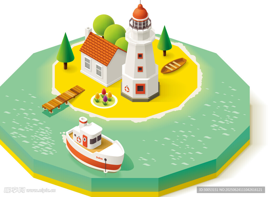 海上灯塔小岛船只场景图