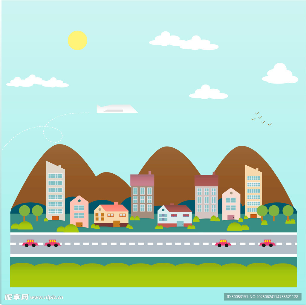 城市与远山的清新风景