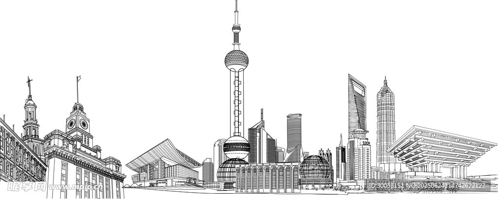 城市建筑天际线黑白剪影