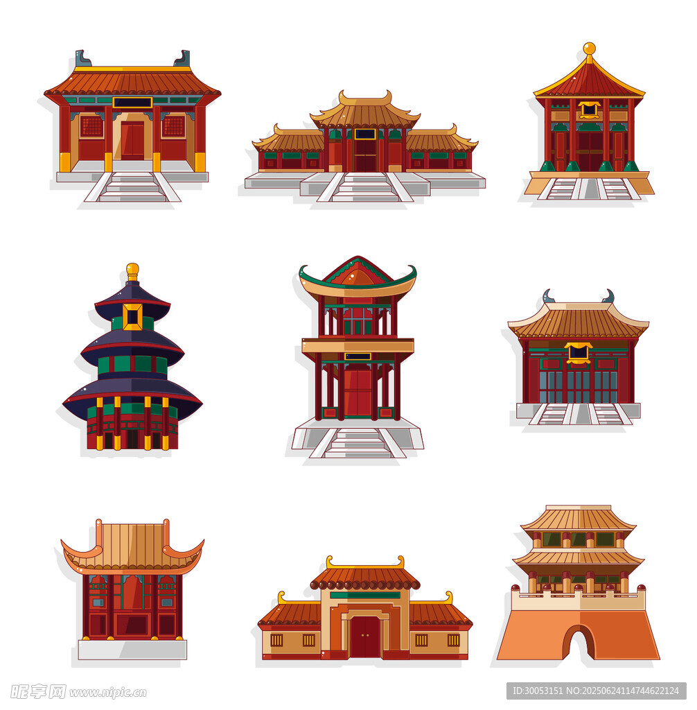 中式传统建筑矢量图标集