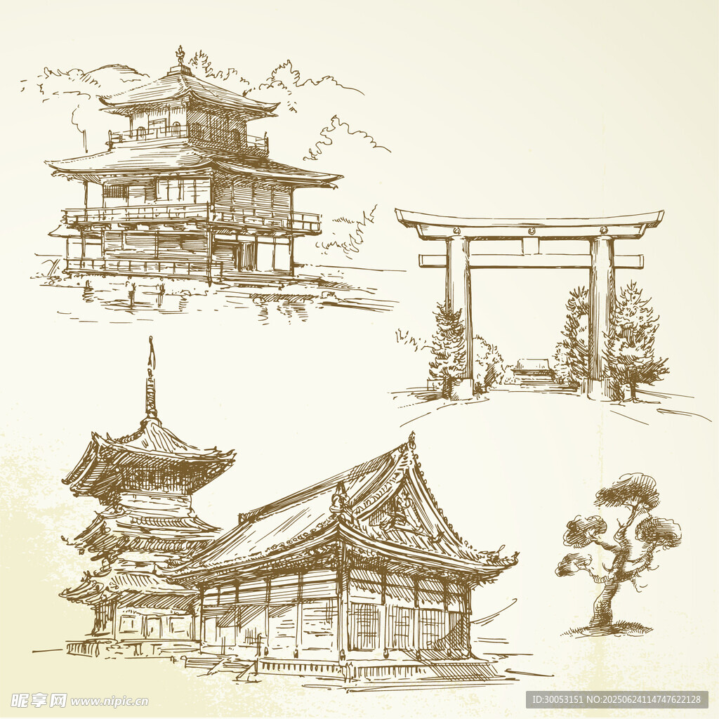 中式传统建筑手绘景观