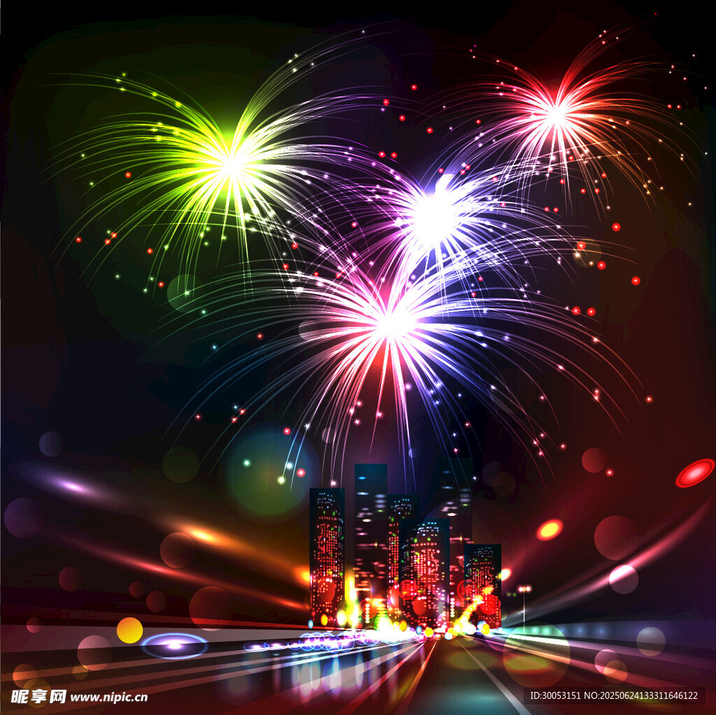 城市夜空绚烂烟花绽放