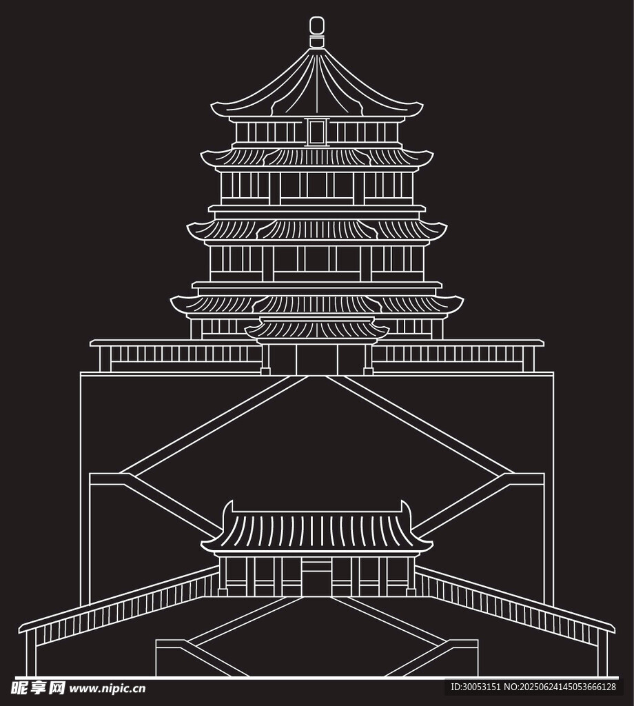 中式古建筑线稿设计图