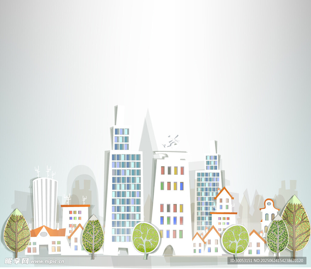 城市建筑与绿树插画场景