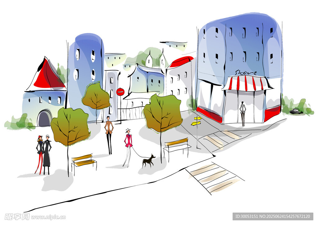 城市街道景观插画