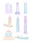 多彩城市建筑手绘插画