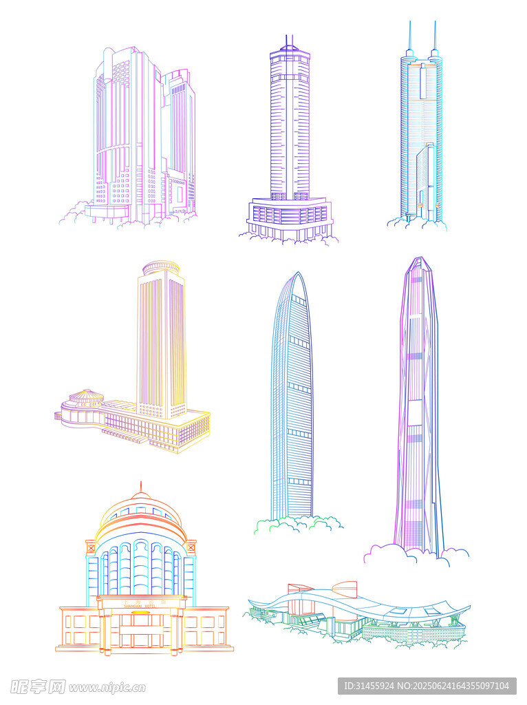 多彩城市建筑手绘插画