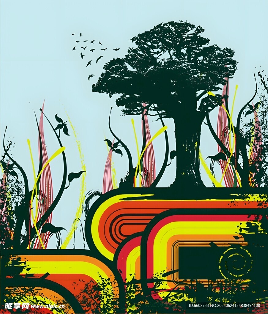 奇幻色彩的树与几何景观