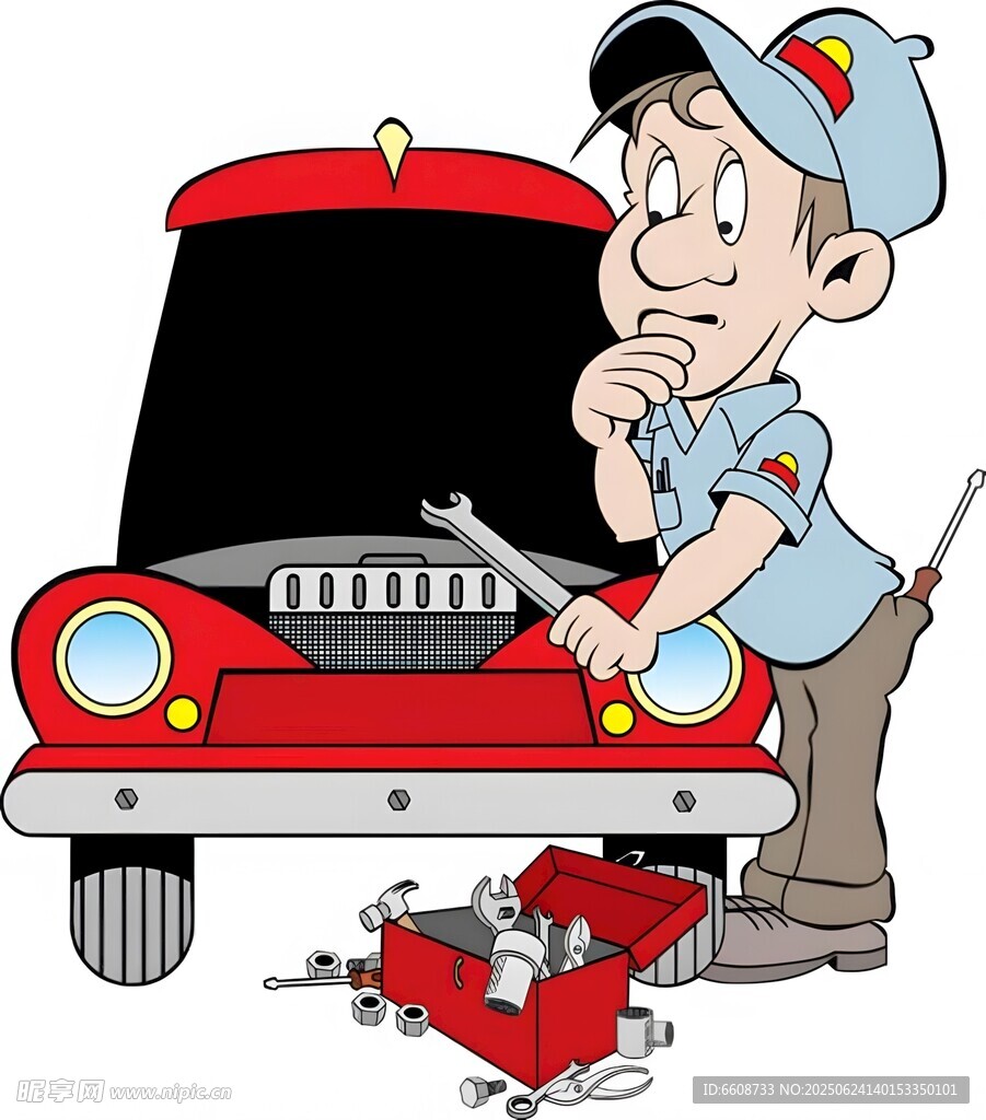技工检修红色轿车