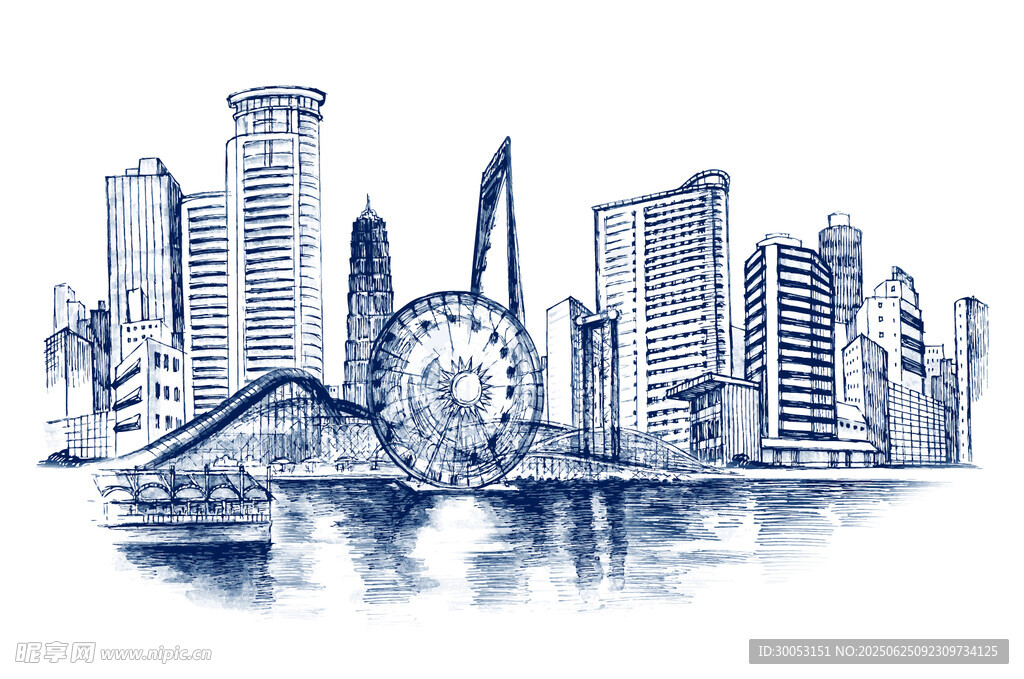 城市天际线手绘景观图