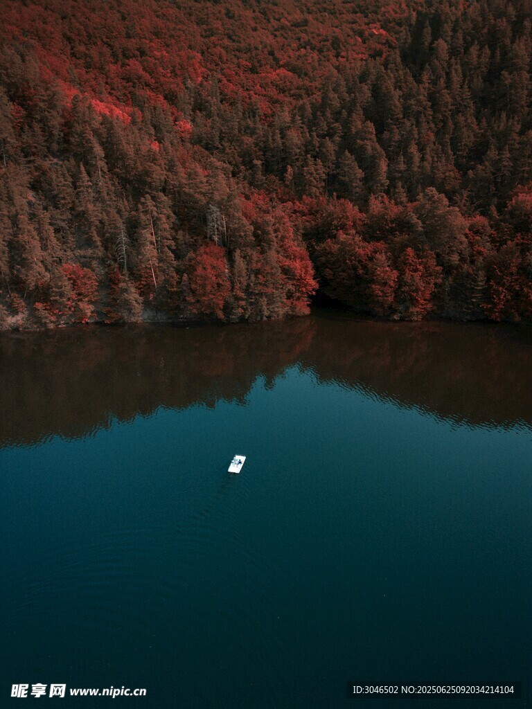 红叶湖畔孤舟