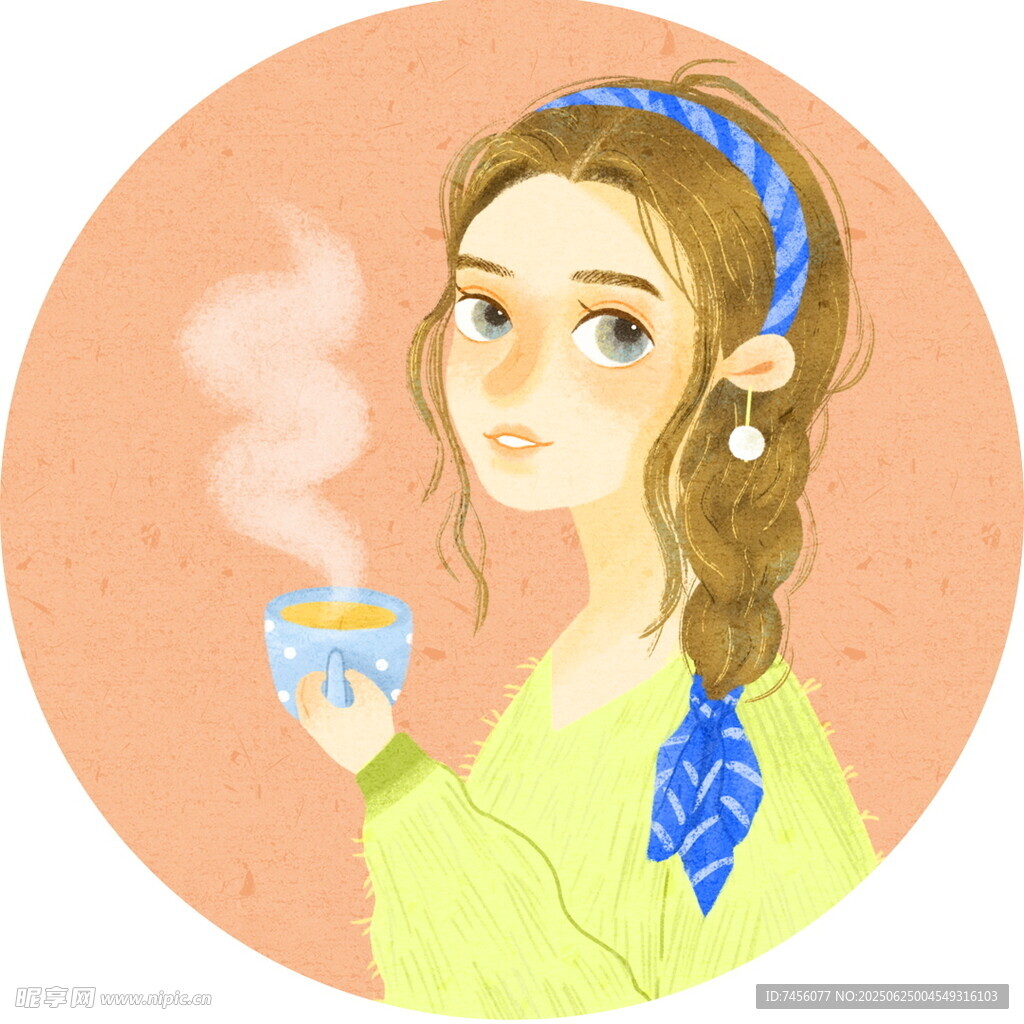女孩手持热饮惬意瞬间圆形装饰画