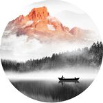 水墨山水间的孤舟意境圆形装饰画