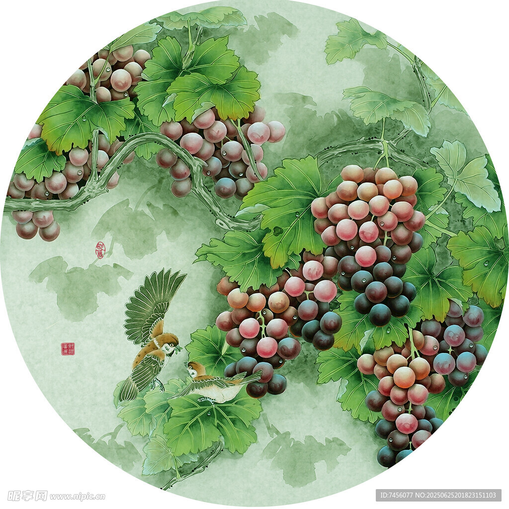 葡萄飞鸟中式圆形装饰画