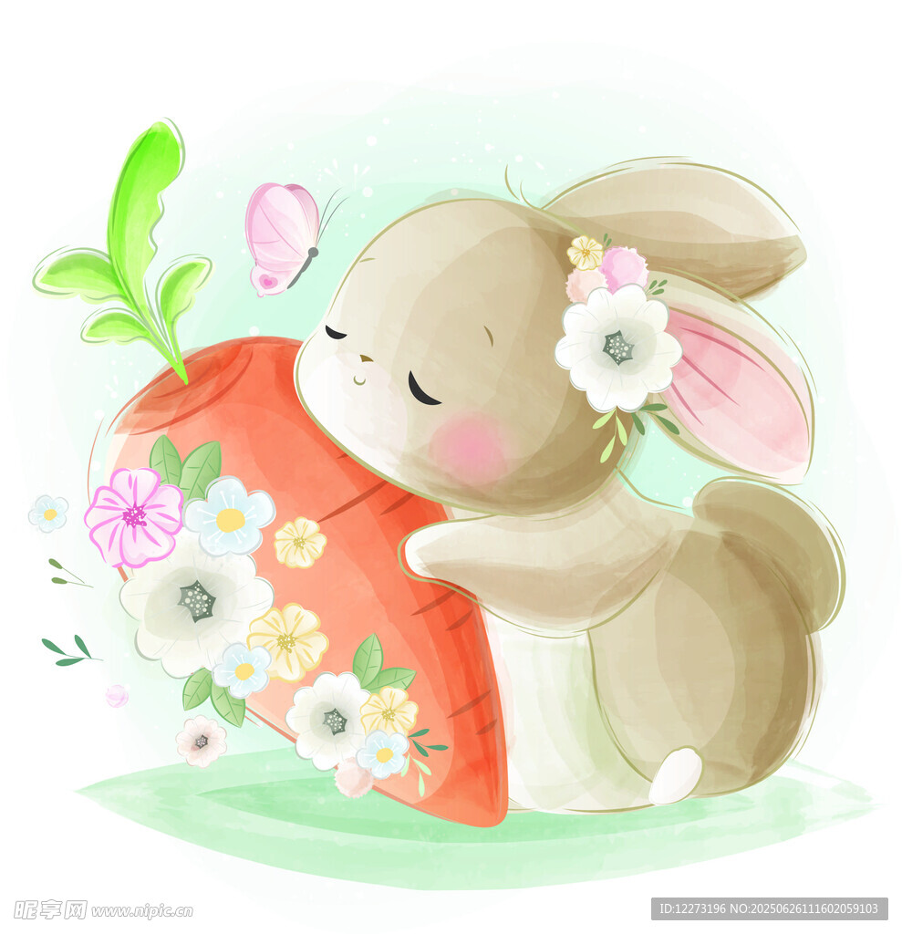 抱萝卜的可爱花朵小兔