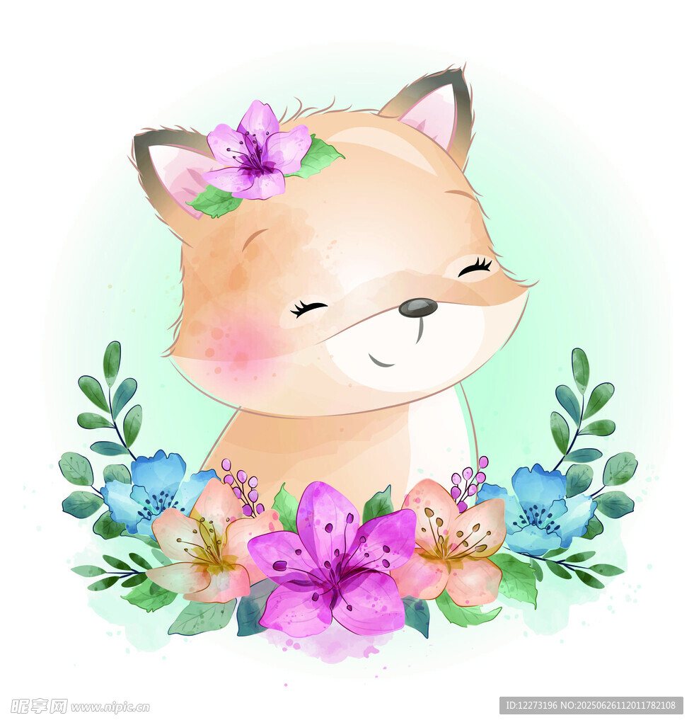 可爱狐狸与缤纷花朵