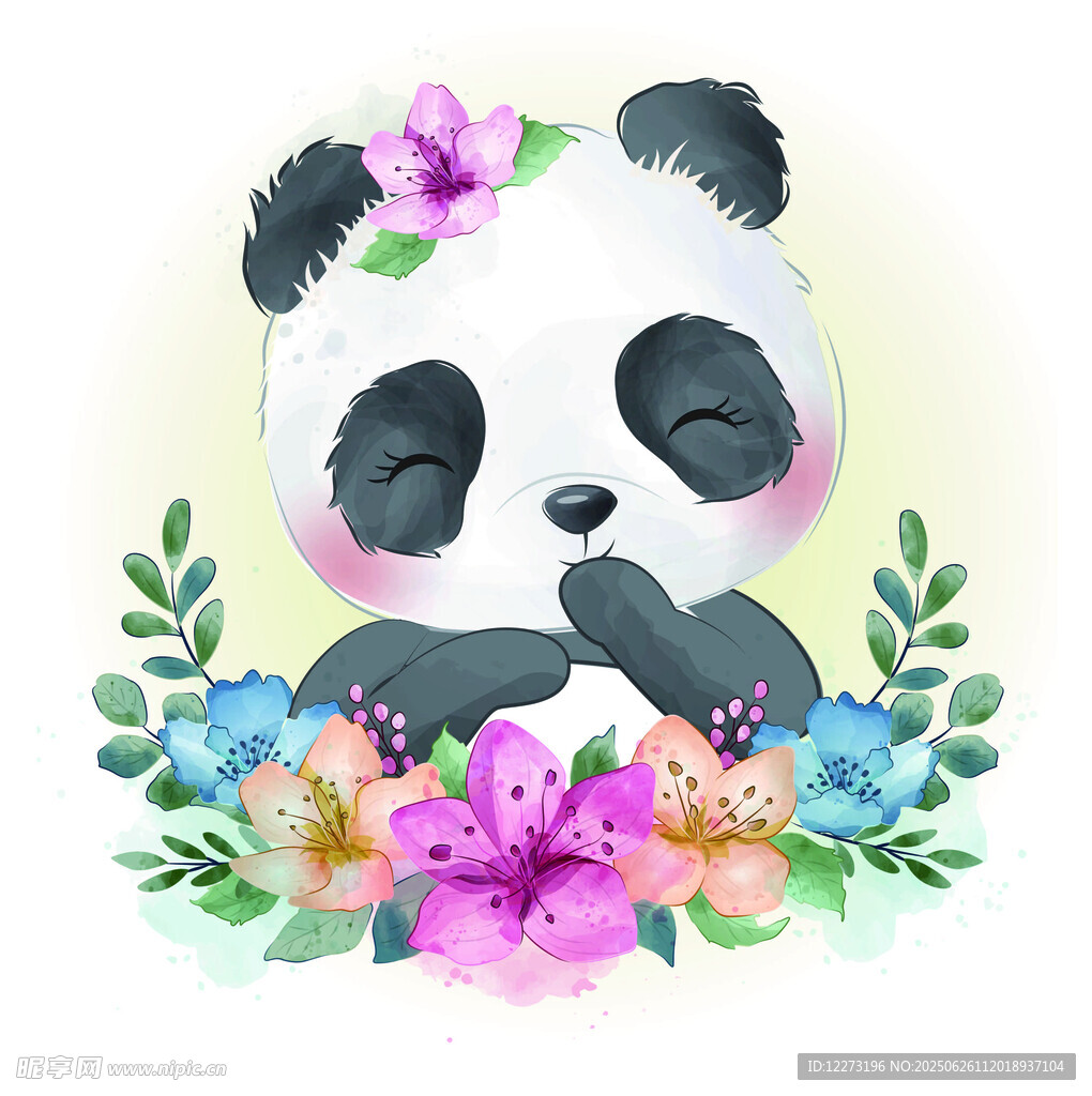 可爱熊猫与缤纷花朵