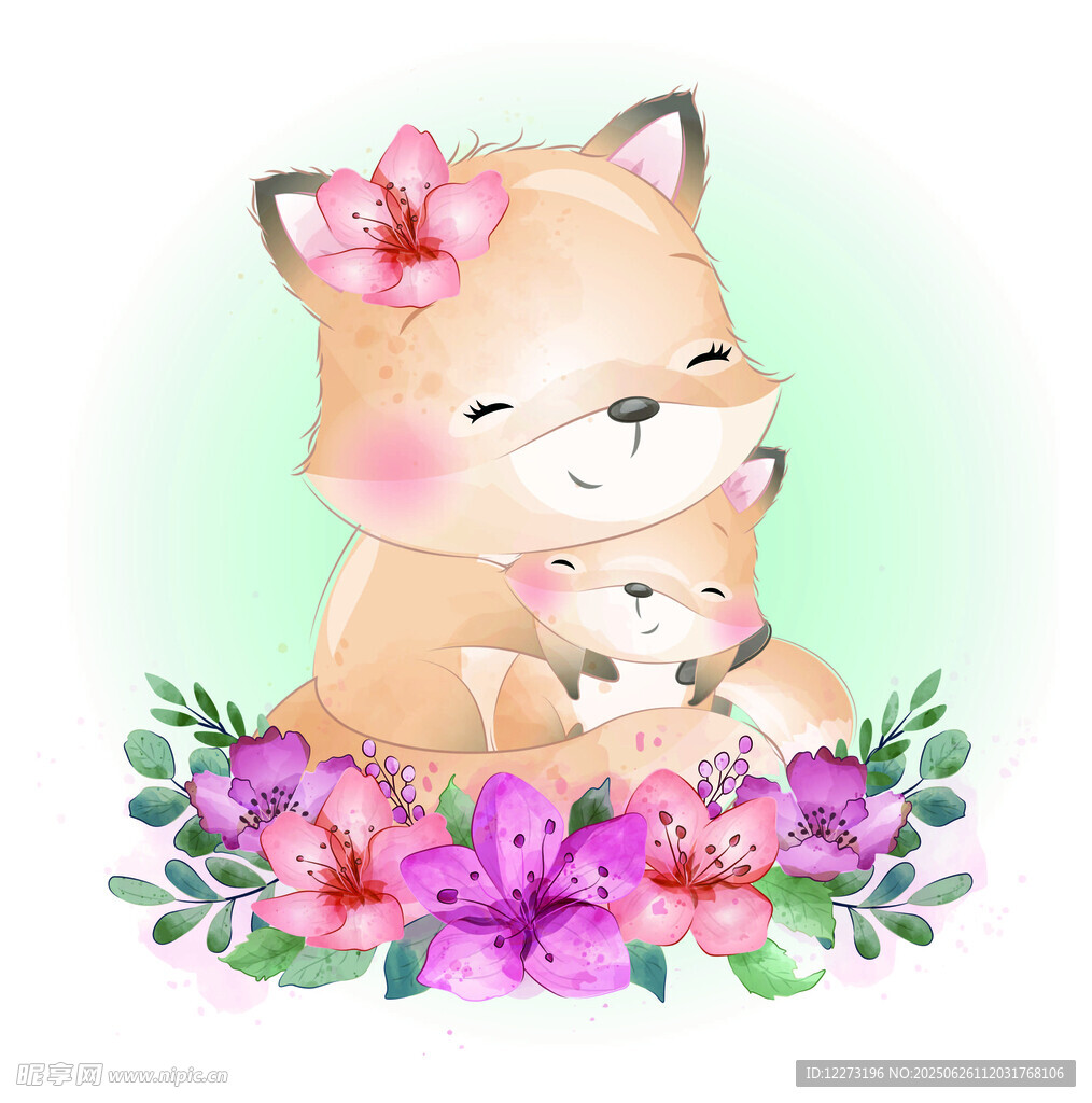 可爱狐狸母子与缤纷花朵