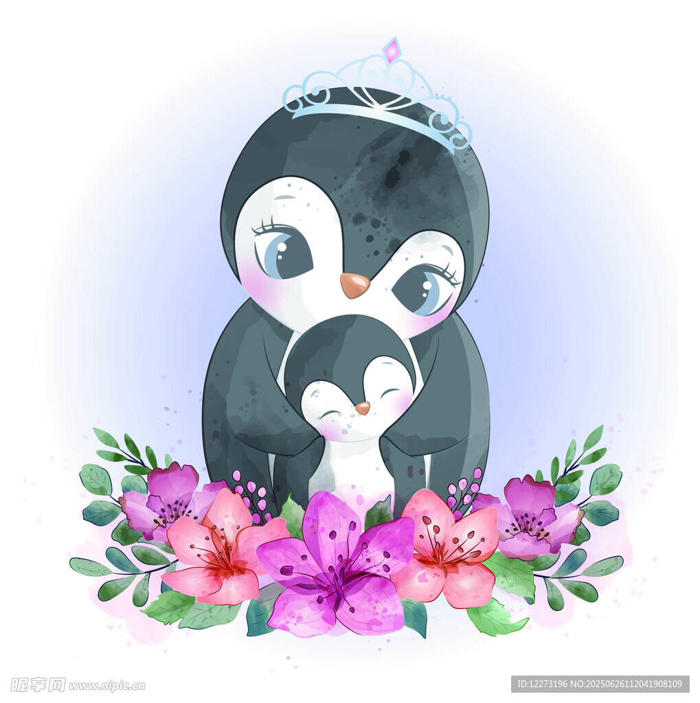戴皇冠的企鹅母子与花卉