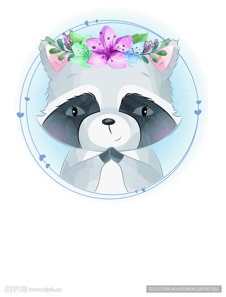 戴花环的可爱浣熊插画
